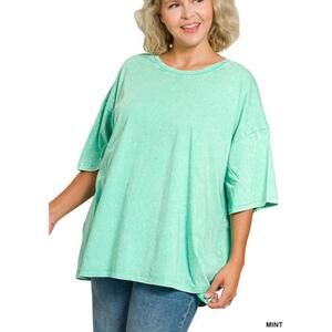 Zenana NWOT Mint Oversized Acid Wash Cotton Boyfriend Tee Shirt  1X/2X & 2X/3X